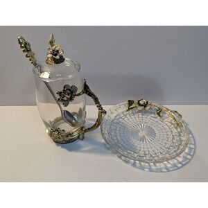 Very Ornate Coffee/Tea Glass‎ w Lid, Spoon & Saucer